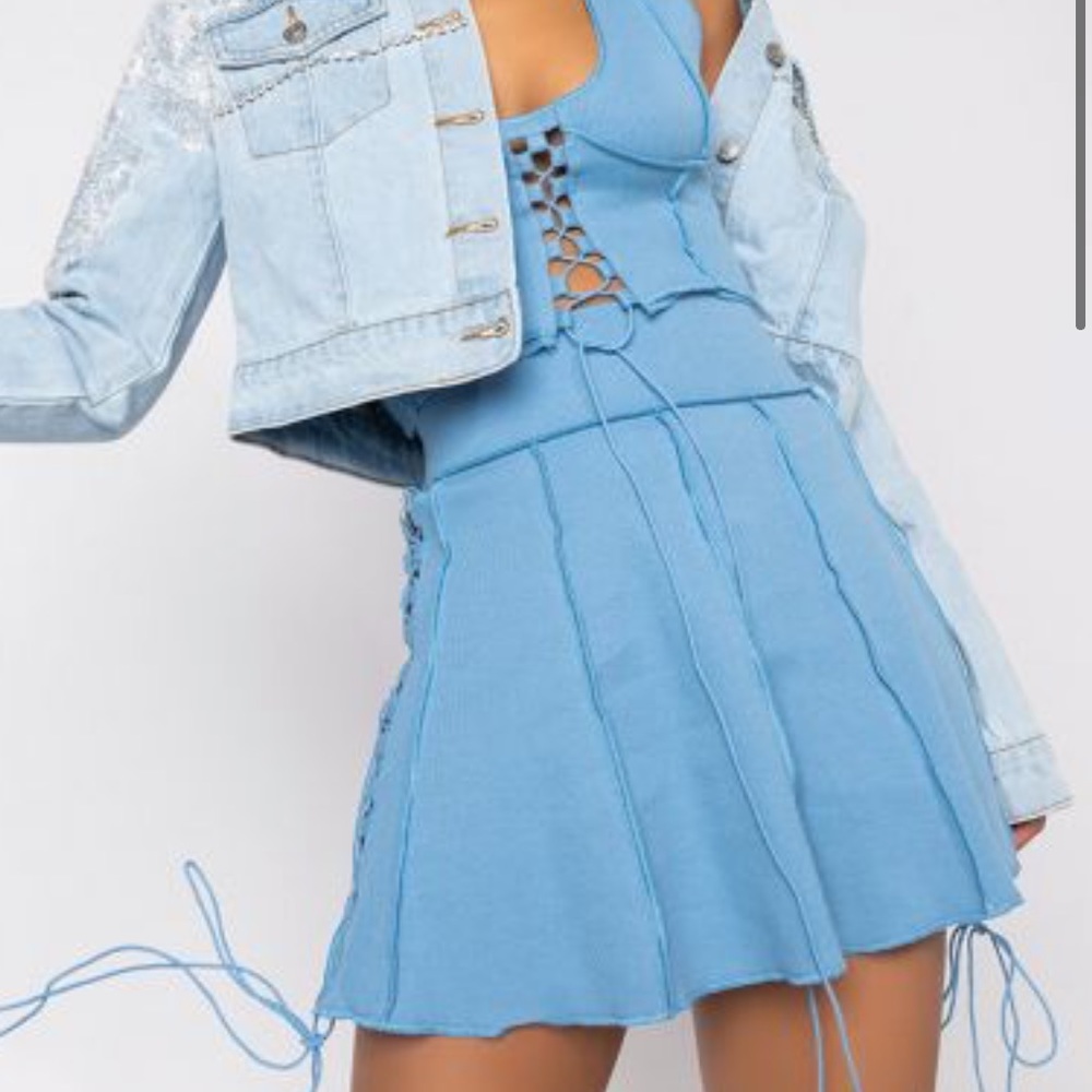 TWO PIECE blue halter top + mini skirt